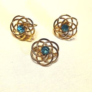 Vintage Scandinavian 12K Yellow Gold Filled Aquamarine Stone Earrings Brooch Set